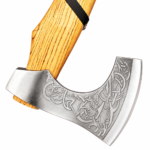 Engraved Viking Axe with silver Norse knotwork axe head, long golden wood-grain handle and black grip wrapping