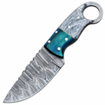 Turquoise Ring Handle Damascus Knife with curved silver-gray patterned blade, scalloped spine, turquoise and gray marbled grip, pictured beside a black stitched sheath.