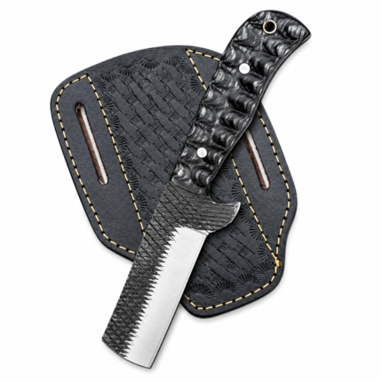 Textured handle cleaver-style knife with a straight silver-colored blade, black diamond-patterned upper surface, and curved crosshatch handle with two circular metallic details