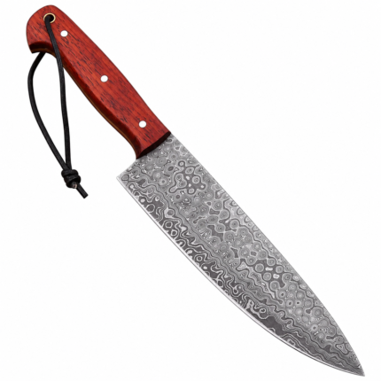 Damascus Pattern Slicing Knife with long silver-gray patterned blade, reddish-brown wood-style handle, three silver pins and black lanyard.