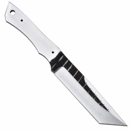 Tanto Style Knife Blade Blank with angular silver-colored blade, dark forged-look section and exposed metal tang featuring three circular holes.