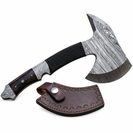 Damascus Pattern Bearded Axe with curved silver-and-black axe head, black cord-wrapped grip, dark wood-look handle, and brown stitched sheath.