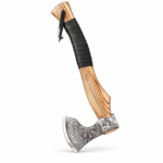 Wolf Engraved Viking Axe with black metal head, silver Norse compass design, detailed wolf artwork, Celtic knotwork, and golden-brown wooden handle.