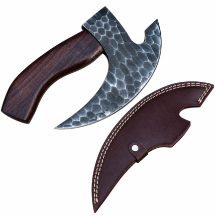 Hammered Bearded Axe with a silver-gray hexagonal patterned crescent blade, curved dark reddish-brown wood-look handle and stitched brown blade cover.