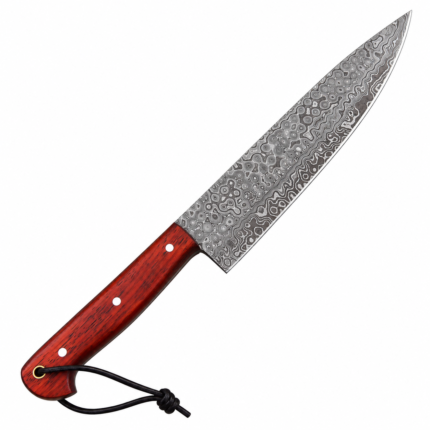 Damascus Pattern Slicing Knife with long silver-gray patterned blade, reddish-brown wood-style handle, three silver pins and black lanyard.