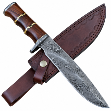 Damascus Bowie Knife with silver-gray patterned clip-point blade, dark wooden handle, two brass-tone rings, metal guard and brown stitched sheath