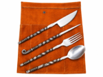 Twisted Handle Camping Cutlery Set with four silver metal utensils and orange roll pouch