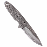 Damascus-style knife blank with silver-gray wavy metal pattern, pointed blade, exposed tang, and multiple circular holes