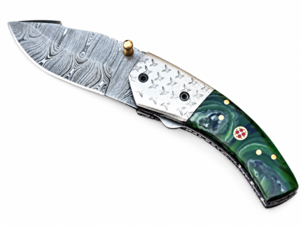 Green Marbled Damascus Knife with a curved silver-gray patterned blade, glossy green-and-blue handle, decorative silver bolster, gold-tone stud and red circular accent.