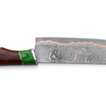 Damascus Pattern Chef Knife with wide silver-gray patterned blade, copper-colored edge accent, green spacer, and dark brown wooden handle