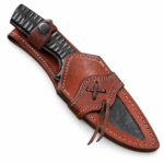 Black textured handle hunting knife secured in a brown leather-look sheath with snap-button strap and decorative lacing