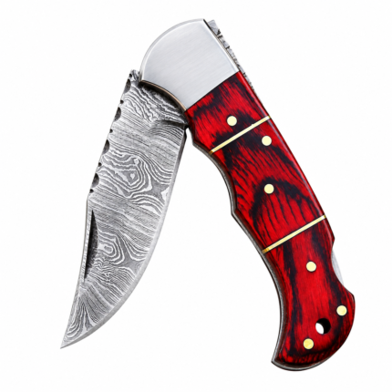 Red black Damascus pattern folding knife with curved patterned blade, decorative metal bolster and brown stitched carrying pouch.