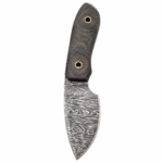 Compact Damascus Skinning Knife with a short silver-gray patterned curved blade, dark textured handle and two gold-tone-lined circular openings
