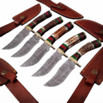 6 Inch Damascus Skinning Knife with patterned steel blade, pakkawood handle, brass pins, and brown leather sheath, showing knife designs and dimensions.