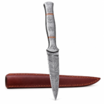 Patterned handle knife with a slim pointed blade, grey-and-silver Damascus-style markings and two red-and-gold-tone handle bands