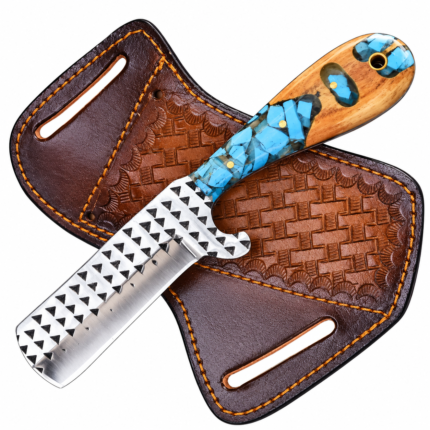 Blue Mosaic Mini Cleaver Knife with silver rectangular blade, black triangular markings, turquoise-look and brown handle, and embossed brown belt sheath