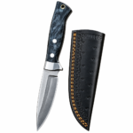 Black Marble Handle Hunting Knife with silver-gray fixed blade, metal bolster, two handle pins, lanyard hole and black sheath with orange stitching.