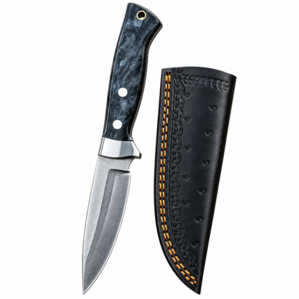 Black Marble Handle Hunting Knife with silver-gray fixed blade, metal bolster, two handle pins, lanyard hole and black sheath with orange stitching.