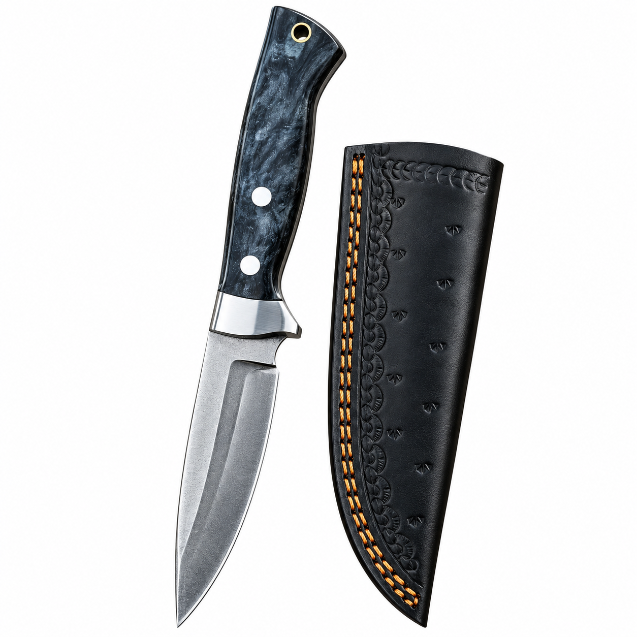 a9ca8455-050e-493c-85eb-9090cc3a5884 Black Marble Handle Hunting Knife with silver-gray fixed blade, metal bolster, two handle pins, lanyard hole and black sheath with orange stitching.