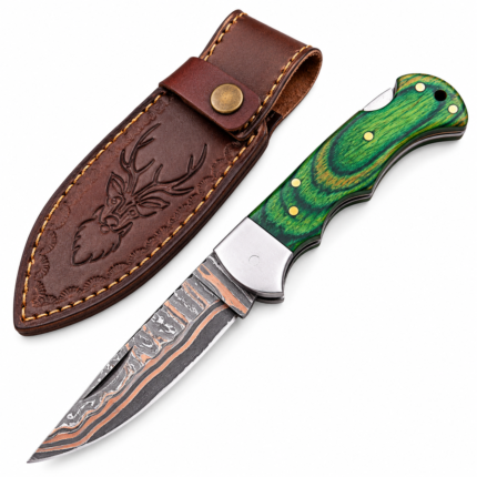 Green Woodgrain Damascus Folding Knife shown open with silver-and-charcoal patterned blade, contoured green grain-look handle and polished silver bolster