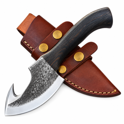 Dark brown and black wood-grain-style gut hook knife handle with a gently curved profile and flared end