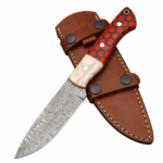 Red Honeycomb Damascus Knife with silver-gray patterned blade, red-and-black hexagonal handle, cream-white accent and brown double-strap sheath