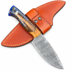 Blue Resin Handle Damascus Hunting Knife with patterned silver blade, amber accents and reddish-brown stitched sheath