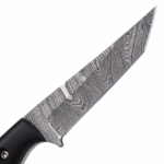 Damascus pattern fixed blade knife featuring a black grooved handle and detailed layered-look blade.