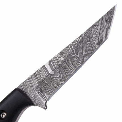 Damascus pattern fixed blade knife featuring a black grooved handle and detailed layered-look blade.