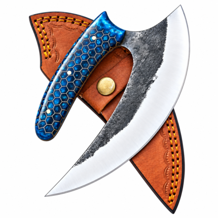 Blue honeycomb ulu knife with a crescent blade, dark textured finish, bright bevel, and brown sheath with yellow-orange stitching.