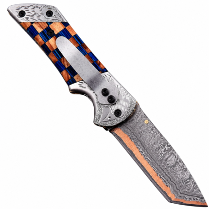 Blue Checkered Damascus Folding Knife opened with patterned silver-gray blade, copper-colored cutting-edge accent, blue-brown handle and black decorative pouch.