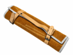 Damascus Knife Set featuring patterned kitchen blades, decorative multicolor handles, chef-style knives, cleaver-style knives, and a brown knife roll.