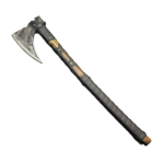 Crescent blade Viking axe with a textured silver-tone head, brown grain-look shaft, long black grip wrap, and crossed straps with silver-tone fasteners.