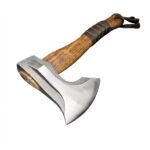 Black and silver bearded axe with a brown grain-look handle, dark overlapping grip wrap, flared handle end, and knotted lanyard.