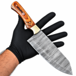 5-Piece Damascus Pattern Kitchen Knife Set showing five assorted silver-gray wave-patterned blades with brown wood-grain handles, gold-tone bolsters and circular decorative fittings