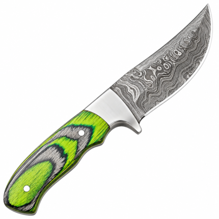 Green handle Damascus knife with a silver-gray patterned curved blade, polished guard, and vibrant green-and-black grip