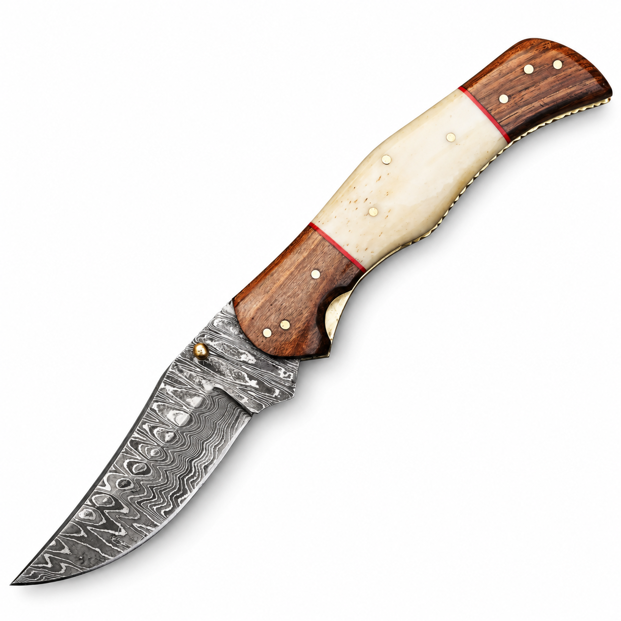 b1893887-3ea0-4d17-92de-2bbae5d6442f Bone Look Damascus Folding Knife with curved silver-and-charcoal patterned blade, ivory-colored center, brown wood-grain handle ends, red spacers and gold-tone details.