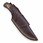 Blue Resin Handle Fixed Blade Knife with black textured blade, polished silver edge, blue-and-brown patterned grip and stitched brown sheath