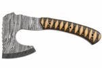 Black and Gold Viking Pizza Axe featuring a broad curved Damascus-style patterned blade, black-and-gold decorative handle and three brass-colored circular fittings.