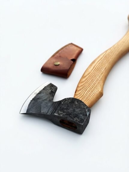Long Handle Camping Axe with natural wood-grain handle, black wrapped grip, dark axe head and brown protective sheath