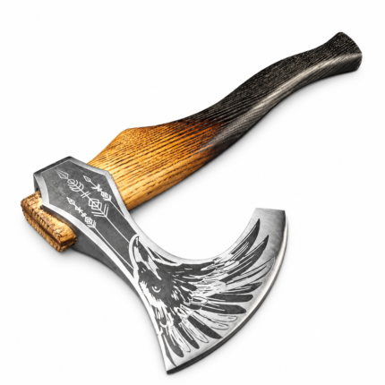 Raven engraved Viking axe with silver and dark grey bearded blade, large bird motif, geometric markings and long golden-brown to black wood-look handle.