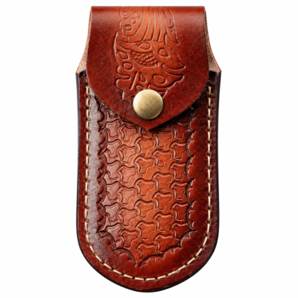 Engraved Damascus Folding Knife featuring a layered-pattern pointed blade, ornate silver-tone floral bolster and reddish-brown wood-style handle on a white background.