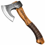 Runic Viking Bearded Axe with dark textured metal head, silver curved blade edge, golden-brown wooden handle, black geometric marking and brown wrapped grip