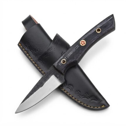 Black Handle Fixed Blade Hunting Knife with two-tone silver and dark blade, contoured black woodgrain-look handle and black stitched sheath.