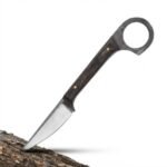 Ring pommel fixed blade knife with satin silver pointed blade, dark wood-grain-look handle, circular rear finger ring and black sheath with tan stitching.