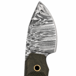 Compact Damascus Skinning Knife with a short silver-gray patterned curved blade, dark textured handle and two gold-tone-lined circular openings