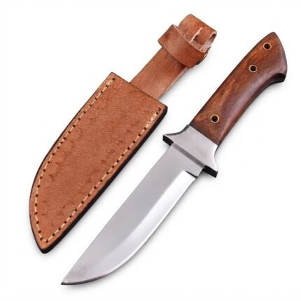 Fixed blade hunting knife with polished silver blade, reddish-brown wooden-look handle, metal guard and matching brown stitched sheath.