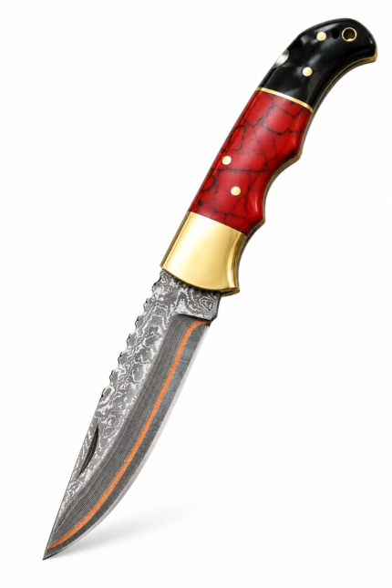 Red marbled folding knife shown open with a black rear handle, gold-tone bolster and pins, and a patterned blade with a copper-tone stripe