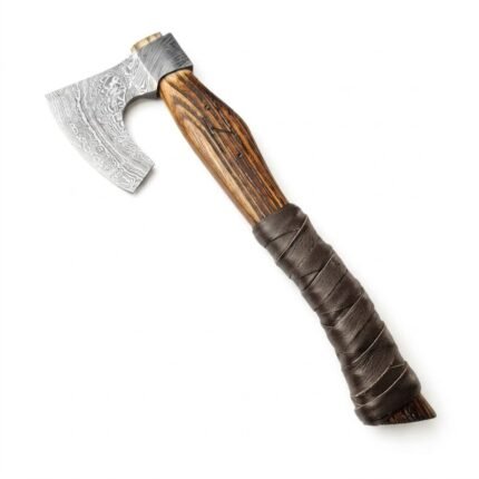Patterned bearded axe with a gray swirling head design, striped brown grain-look handle, and dark brown overlapping grip wrap.