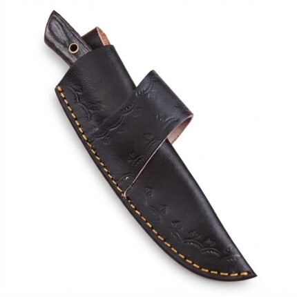 Black Handle Fixed Blade Hunting Knife with two-tone silver and dark blade, contoured black woodgrain-look handle and black stitched sheath.
